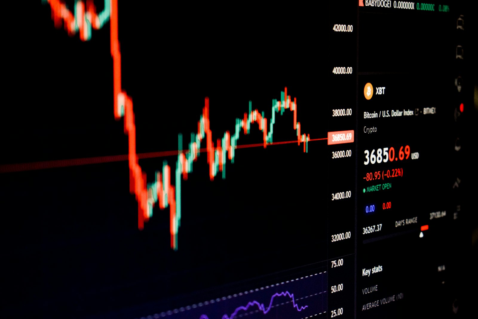 A computer monitor displaying a stock market price chart