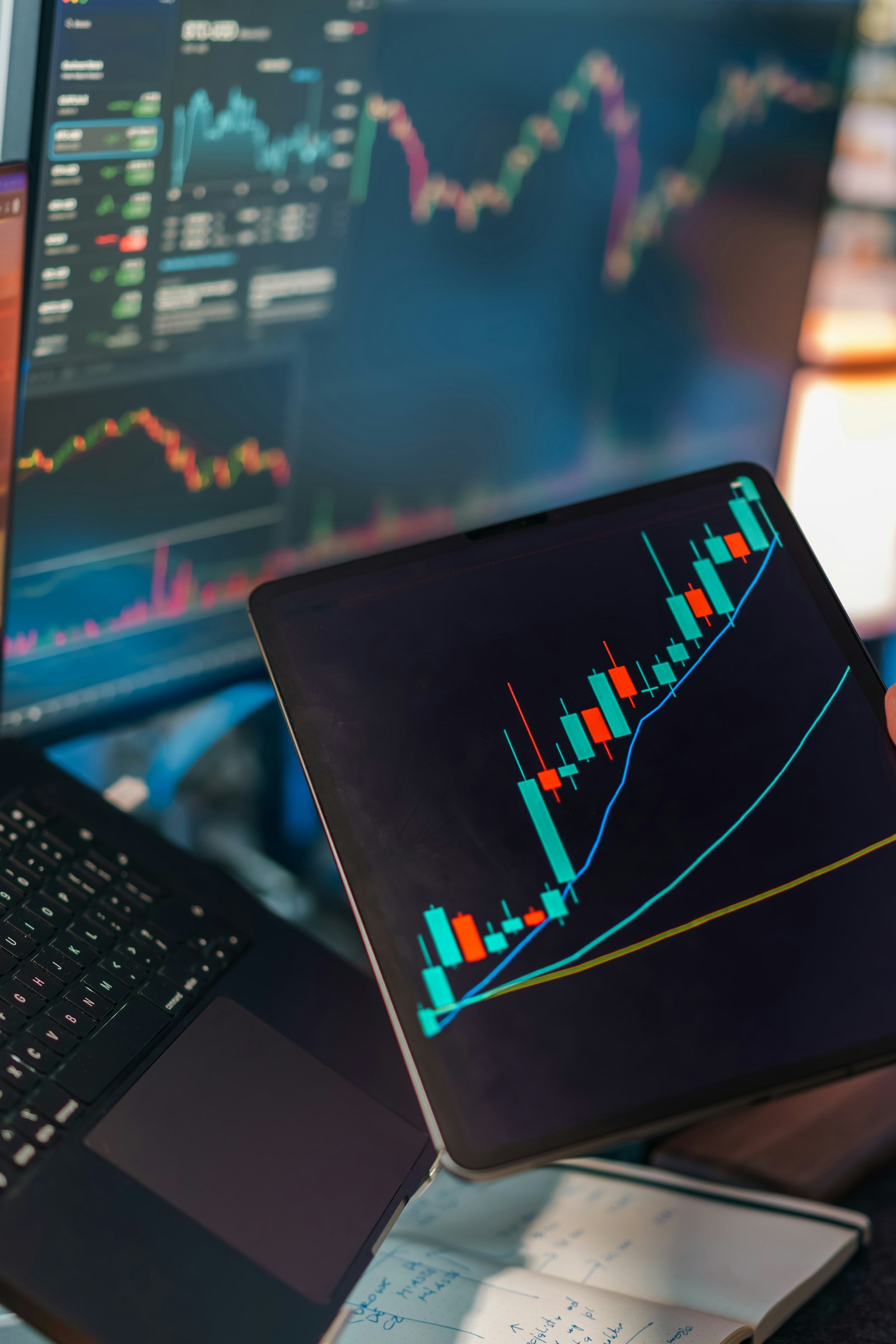 Trading charts and technical indicators displayed across multiple monitors and a tablet