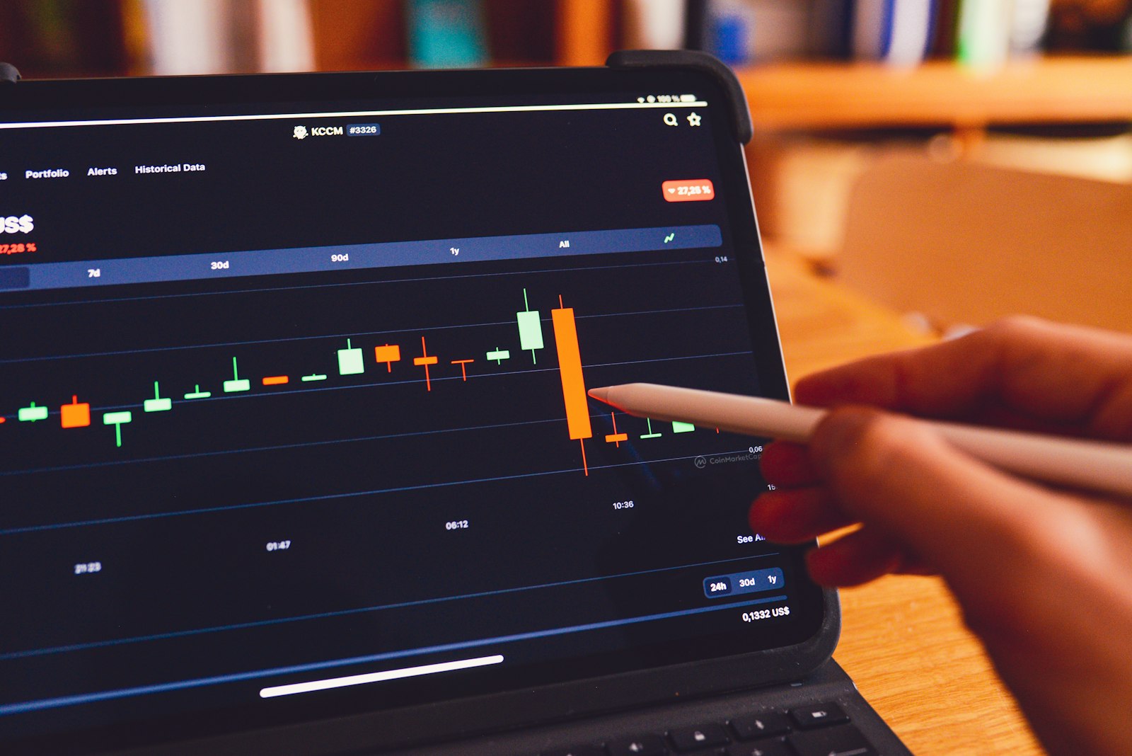 A person using a laptop computer with a financial chart displayed on the screen