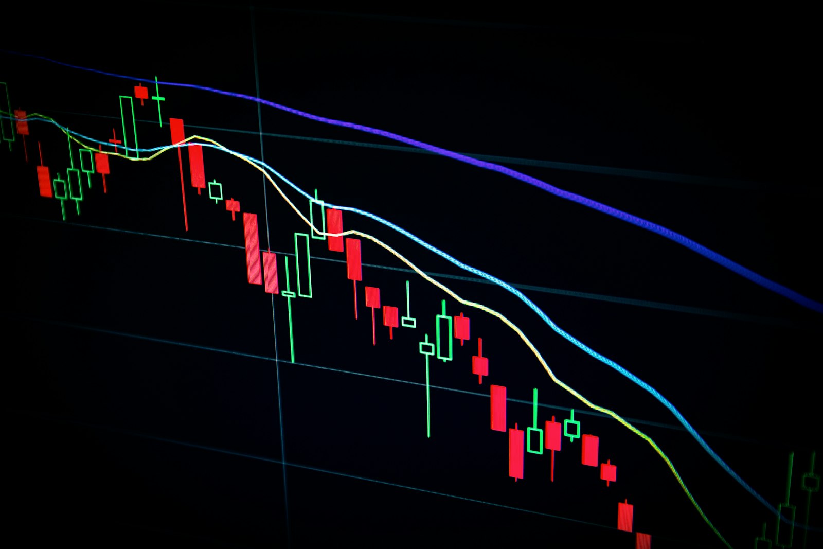 Close-up of a candlestick price chart glowing on a dark trading screen