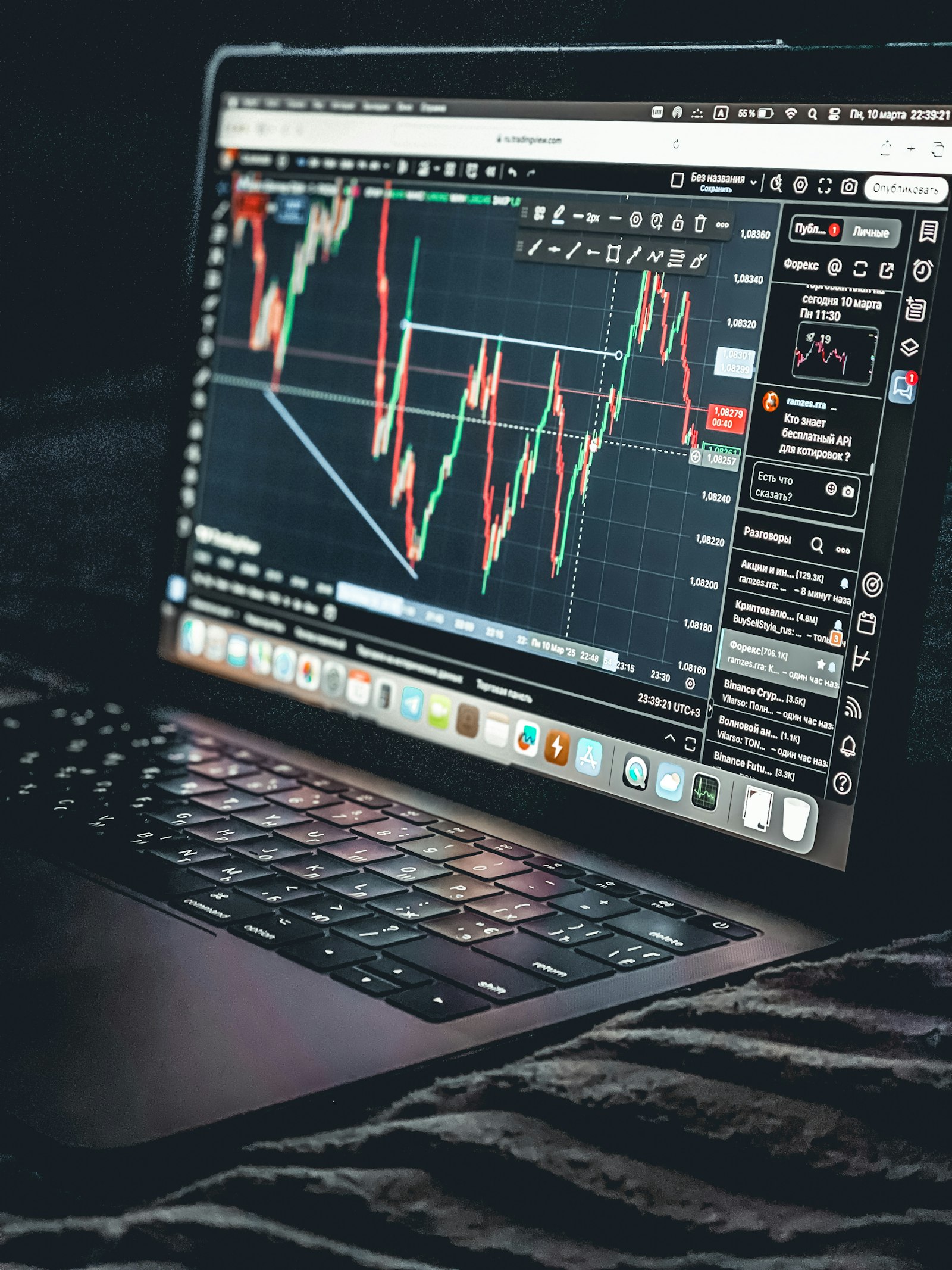 A laptop screen displaying a stock market trading chart